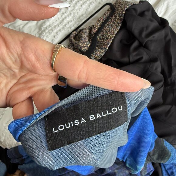 Louisa Ballou Mini Dress Semi-Sheer Blue Mesh Printed Deep V-Neck Ring Accent - Picture 2 of 9